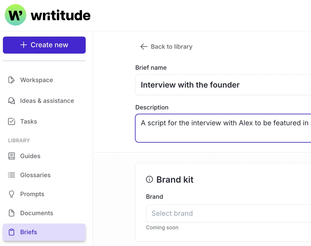 A screenshot of the Writitude interface for: Growing brands