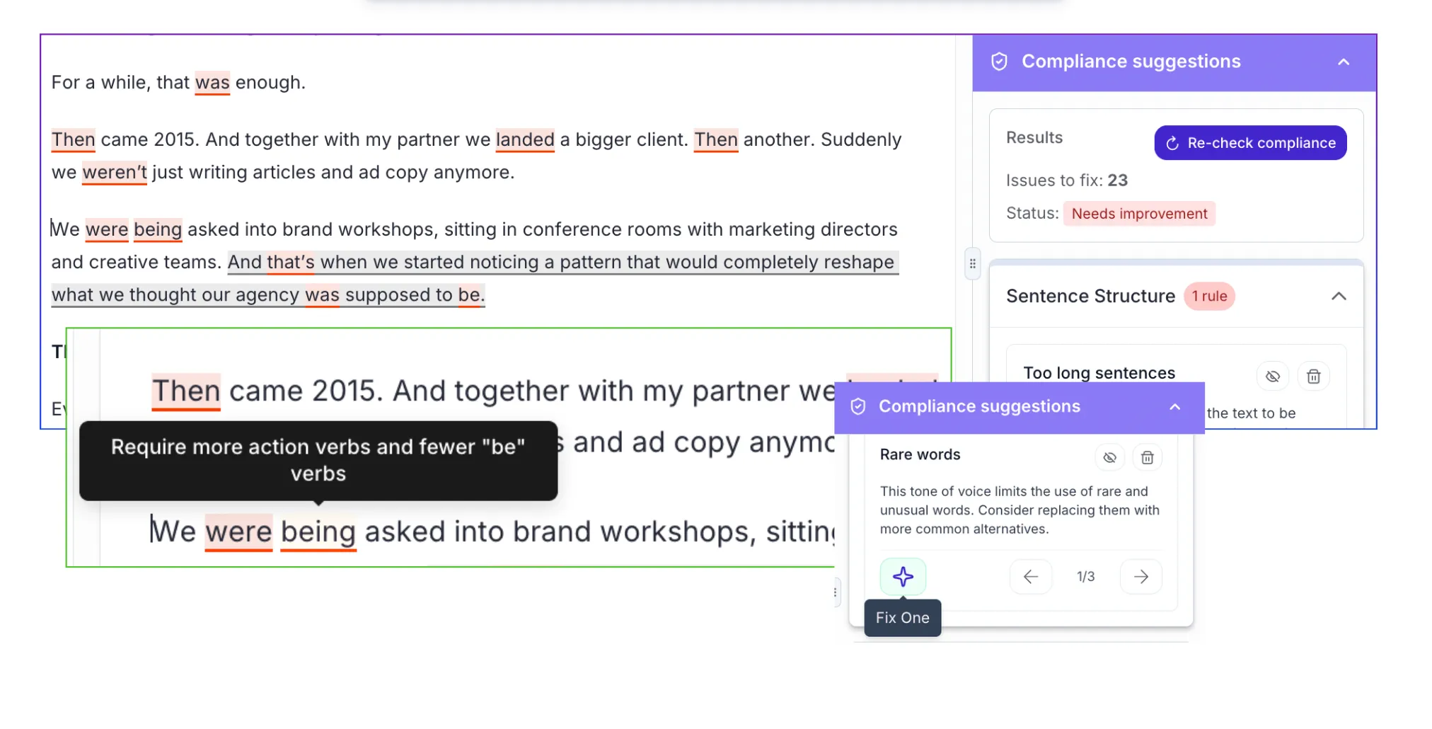 A screenshot of the Writitude interface showing the feature: Forget about editing the same old mistakes