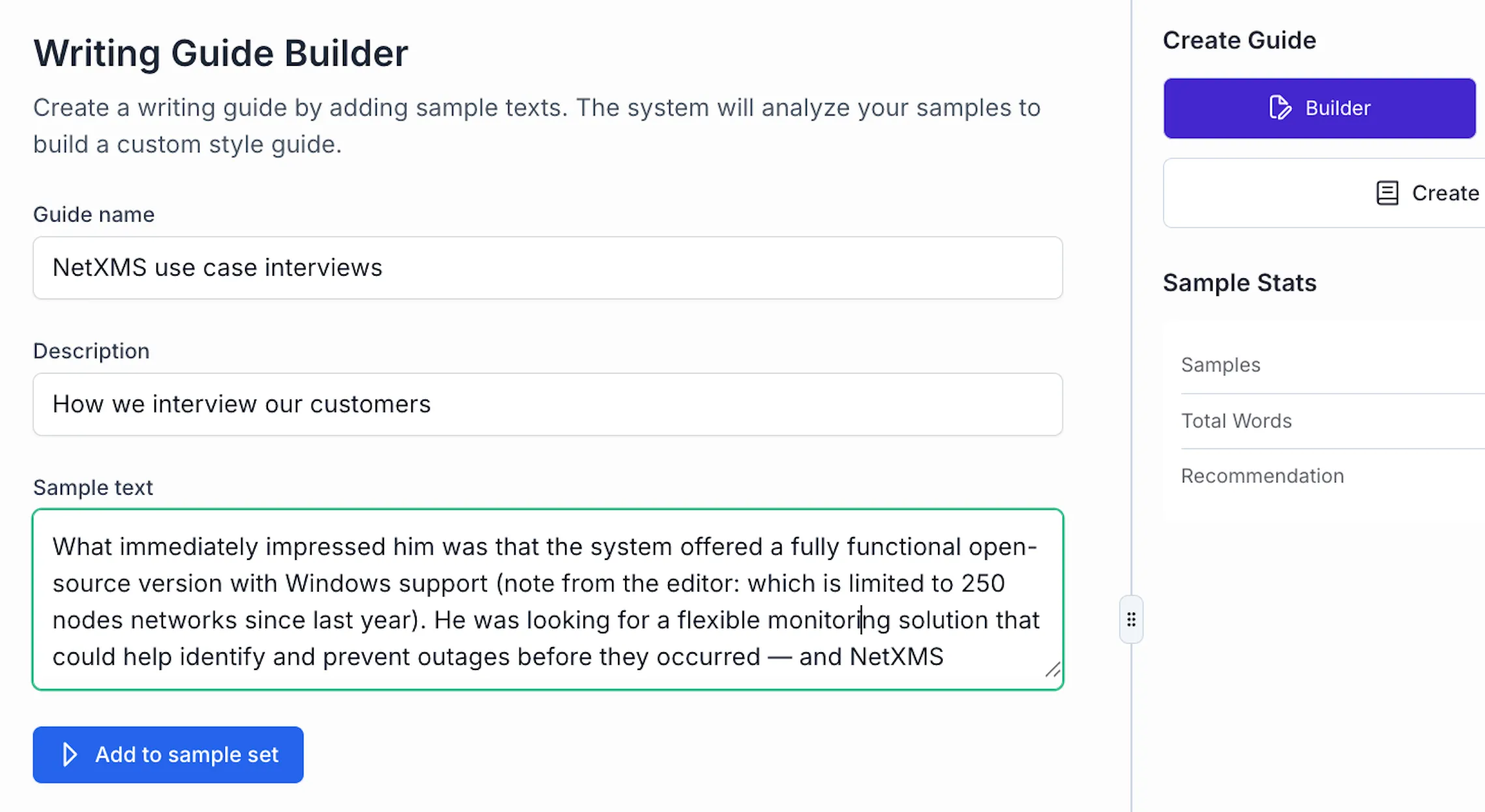 A screenshot of the Writitude interface showing the feature: Define your guidelines with Builder or Wizard