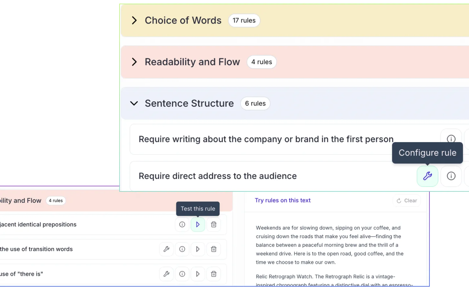 A screenshot of the Writitude interface showing the feature: 100+ parameters enforce your exact voice