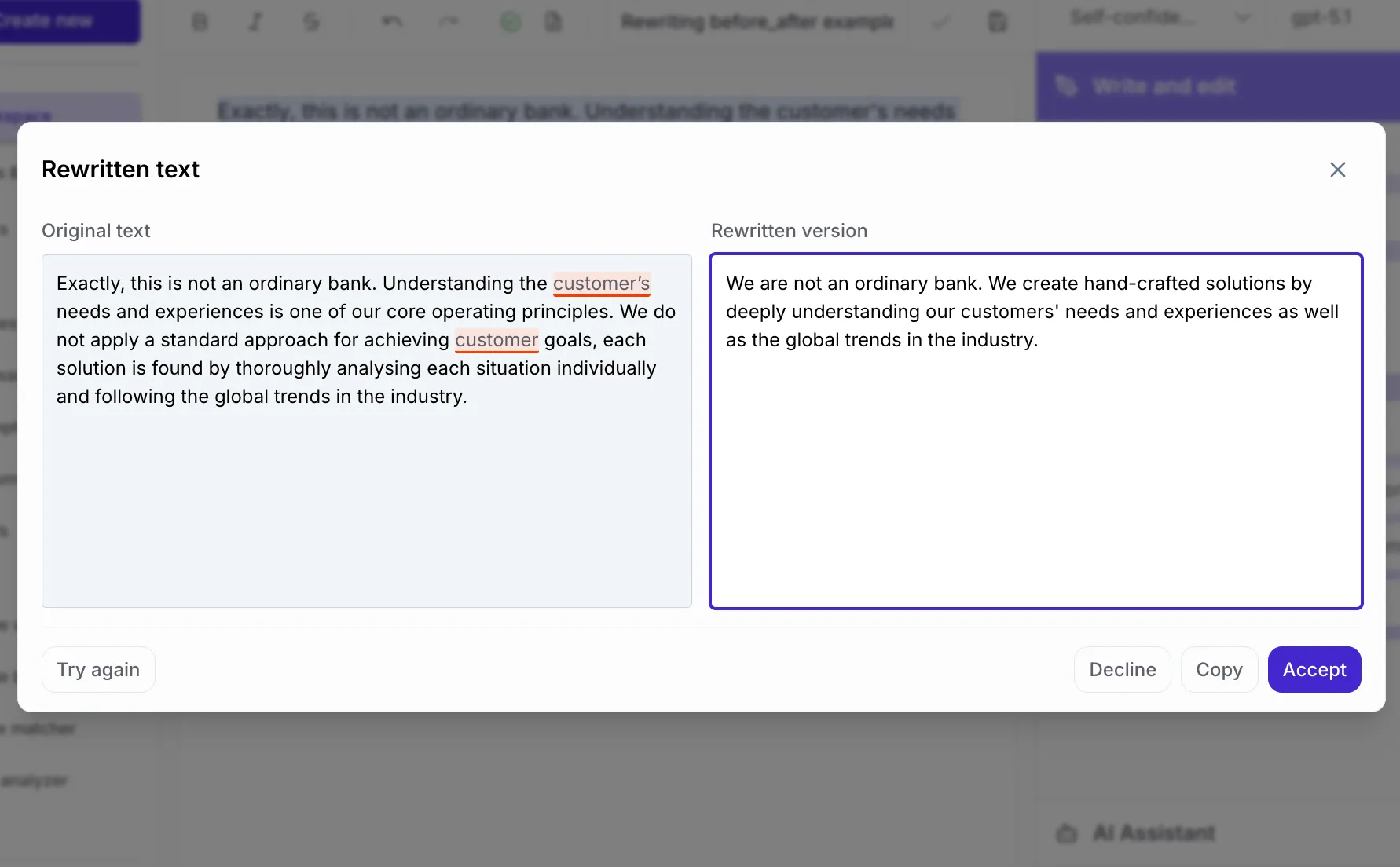 A screenshot of the Writitude interface showing the feature: Write and re-write with AI