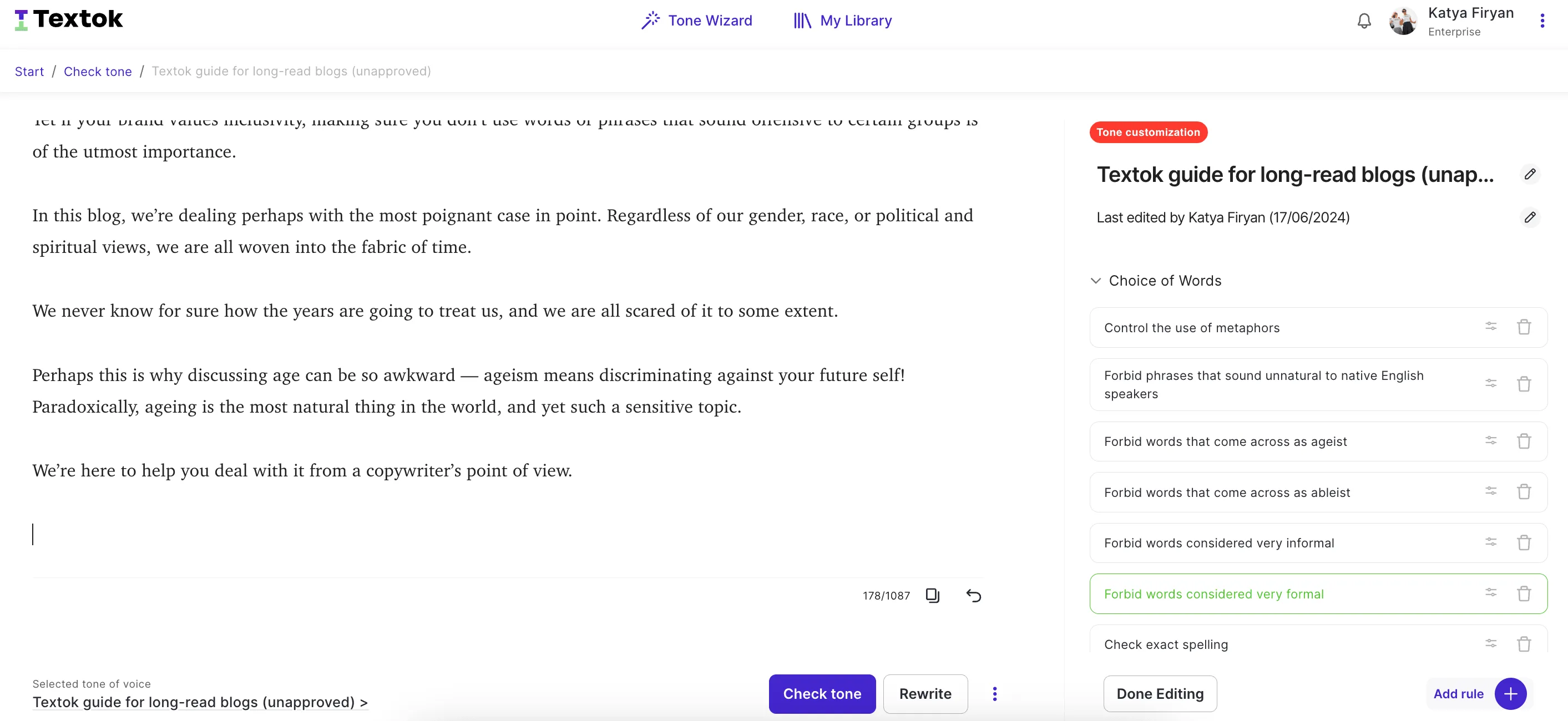 A screenshot of Writitude in tone of voice guide editing view
